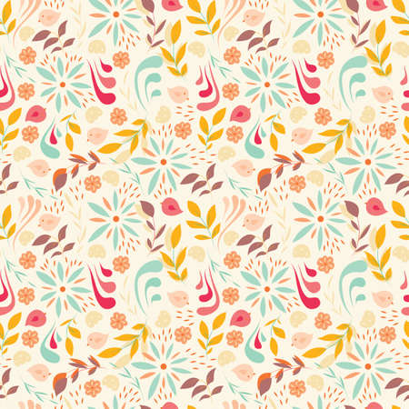A Seamless pattern design with little flowers, floral elements, birds, vector illustrationのイラスト素材