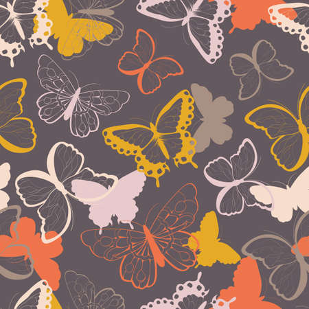 Seamless vector pattern with hand drawn colorful butterflies, silhouette vibrant, vector illustrationのイラスト素材
