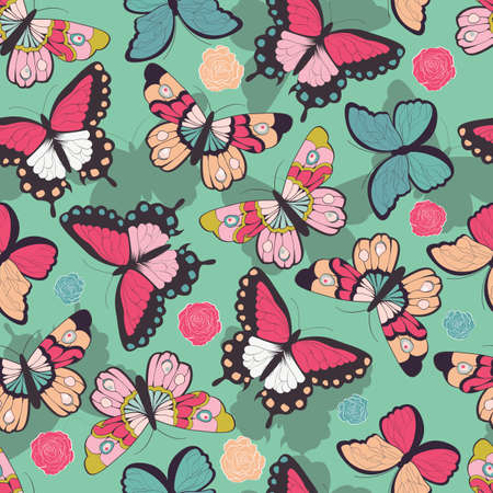 Seamless vector pattern with hand drawn colorful butterflies, vector illustrationのイラスト素材