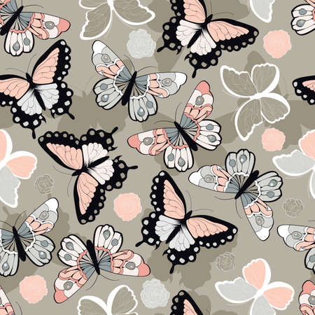 Seamless vector pattern with hand drawn colorful butterflies, vector illustrationのイラスト素材