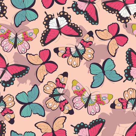 Seamless vector pattern with hand drawn colorful butterflies, vector illustrationのイラスト素材