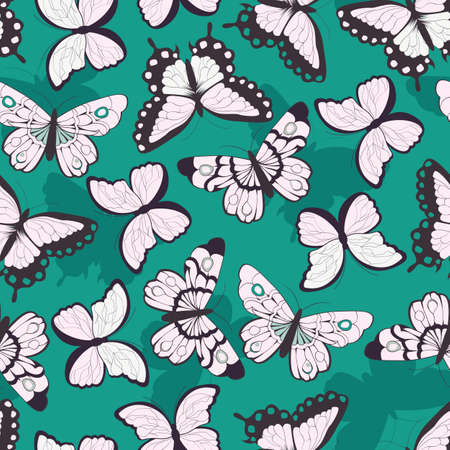 Seamless vector pattern with hand drawn colorful butterflies, green background, vector illustrationのイラスト素材