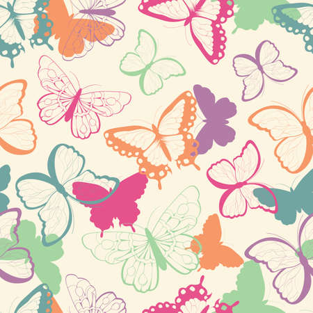 Seamless vector pattern with hand drawn colorful butterflies, silhouette vibrant, vector illustrationのイラスト素材