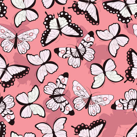 Seamless vector pattern with hand drawn colorful butterflies, pink background, vector illustrationのイラスト素材