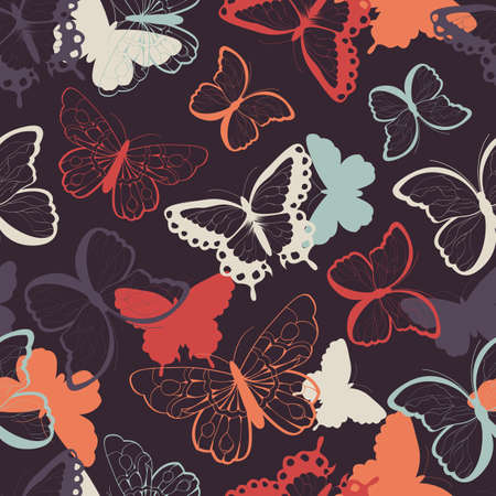 Seamless vector pattern with hand drawn colorful butterflies, silhouette vibrant, vector illustrationのイラスト素材