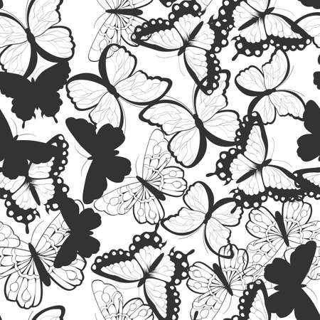 Seamless vector pattern with hand drawn silhouette butterflies, black and white, vector illustrationのイラスト素材