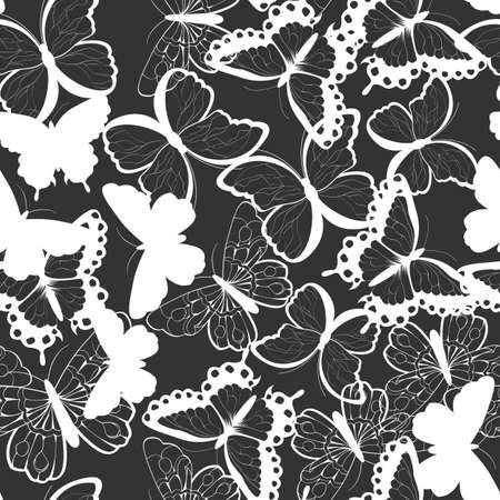 Seamless vector pattern with hand drawn silhouette butterflies, black and white, vector illustrationのイラスト素材