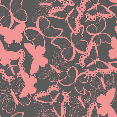 Seamless vector pattern with hand drawn silhouette butterflies, pink and gray, vector illustrationのイラスト素材