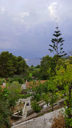 Sea view on a beautiful island of Skiathos in Greece, summer day in Juneのeditorial素材