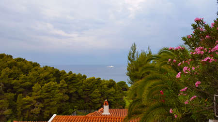Sea view on a beautiful island of Skiathos in Greece, summer day in Juneの写真素材