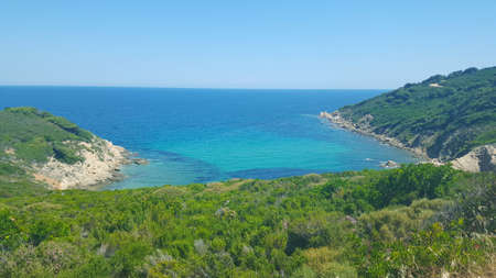 Beautiful beach on Skiathos island in Greece, windy summer day in Juneの写真素材