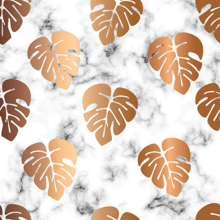 Vector marble texture design seamless pattern design with golden monstera leaves, black and white marbling surface, modern luxurious background, vector illustrationのイラスト素材