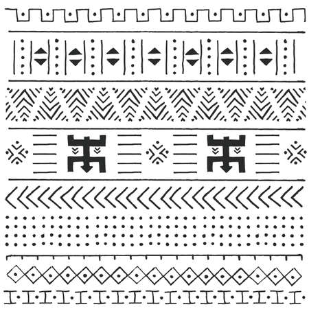 Black and white tribal ethnic pattern with geometric elements, traditional African mud cloth, tribal design, vector illustration のイラスト素材