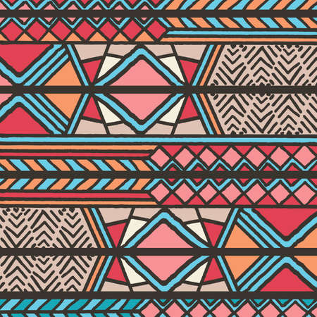 Tribal ethnic colorful bohemian pattern with geometric elements, African mud cloth, tribal design, vector illustration のイラスト素材