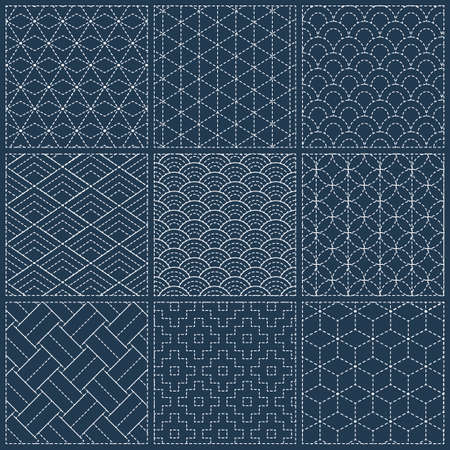 Sashiko seamless indigo dye pattern with traditional white Japanese embroidery, vector illustrationのイラスト素材