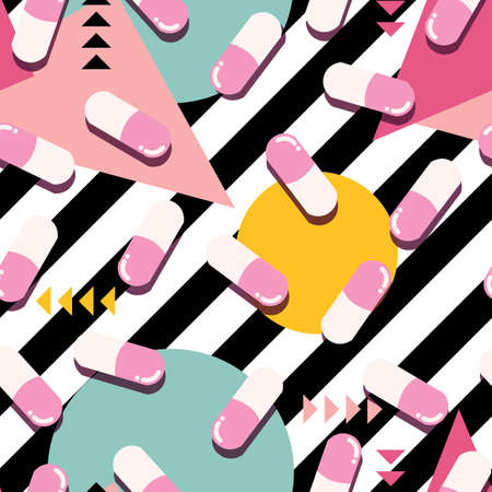 Pills and capsules seamless pattern, pop modern design, bold colors and geometry, vector...