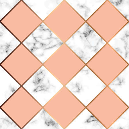 Vector marble texture, seamless pattern design with pink squares and golden geometric lines, black and white marbling surface, modern luxurious backgroundのイラスト素材