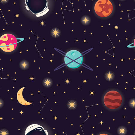 Universe with planets, stars and astronaut helmet seamless pattern, cosmos starry night sky, vector illustrationのイラスト素材