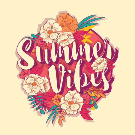 Summer vibes typography banner round design in tropical flower frame, vector illustrationのイラスト素材