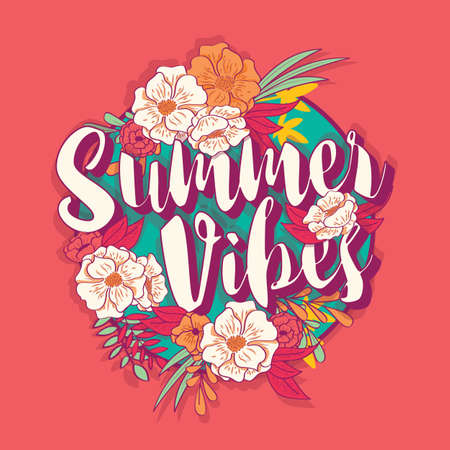 Summer vibes typography banner round design in tropical flower frame, vector illustrationのイラスト素材