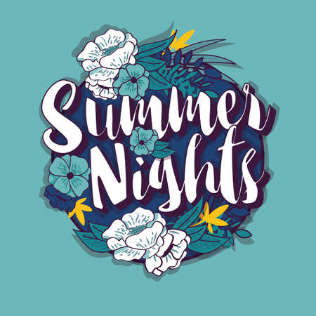 Summer nights typography banner round design in tropical flower frame, vector illustrationのイラスト素材