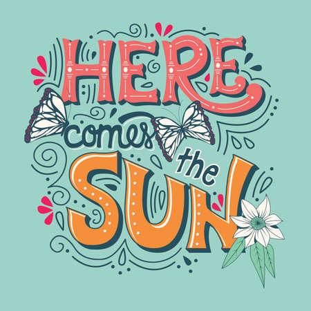 Here comes the sun typography banner with butterflies, flowers and swirls, vector illustrationのイラスト素材