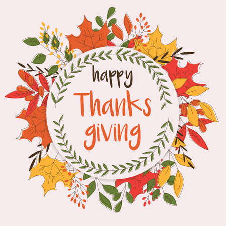 Happy Thanksgiving day card with floral decorative elements, colorful design, vector illustrationのイラスト素材