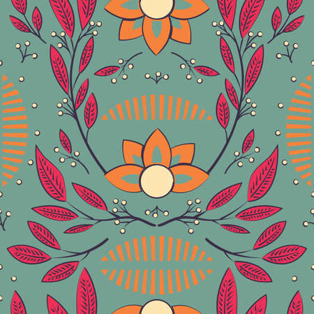 Seamless pattern design with hand drawn flowers and floral elements