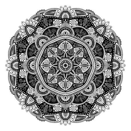 Black and white floral ethnic mandala, on white background, vector illustrationのイラスト素材