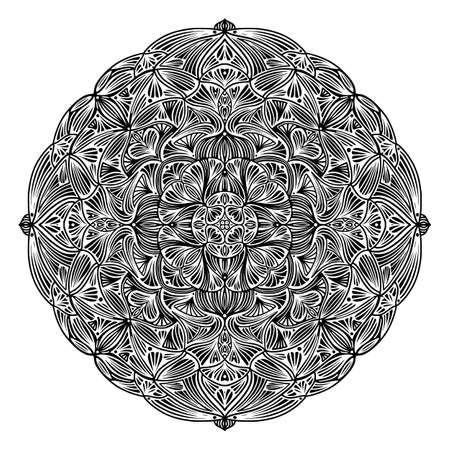Black and white floral ethnic mandala, on white background, vector illustrationのイラスト素材