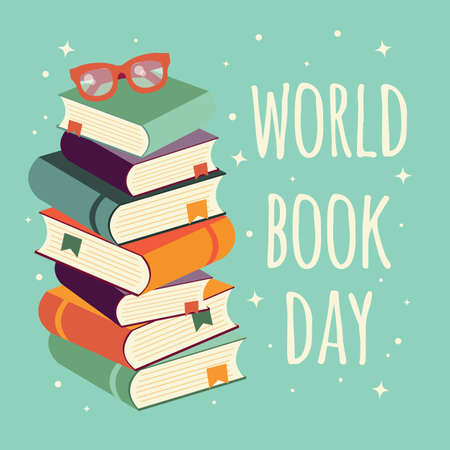 World book day, stack of books with glasses on mintのイラスト素材