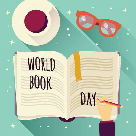 World book day, open book with a hand writing, coffee cup and glasses, vector illustrationのイラスト素材