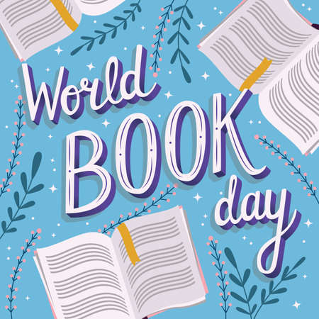World book day, hand lettering typography modern poster design with open books, vector illustrationのイラスト素材