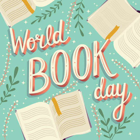 World book day, hand lettering typography modern poster design with open books, vector illustrationのイラスト素材