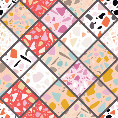 Terrazzo seamless pattern design with hand drawn rocks. Abstract modern background, flat vector illustrationのイラスト素材