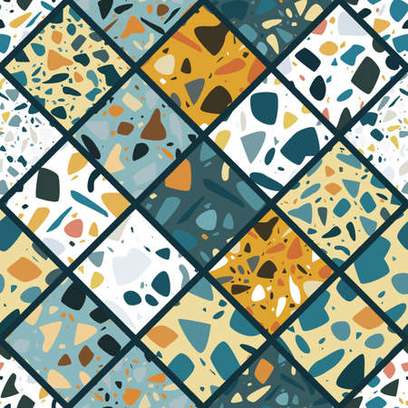 Terrazzo seamless pattern design with hand drawn rocks. Abstract modern background, flat vector illustrationのイラスト素材