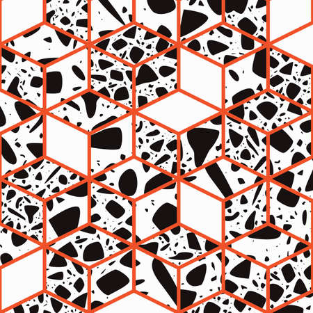 Terrazzo seamless pattern design with hand drawn rocks with honeycomb pattern. Abstract modern background, flat vector illustrationのイラスト素材