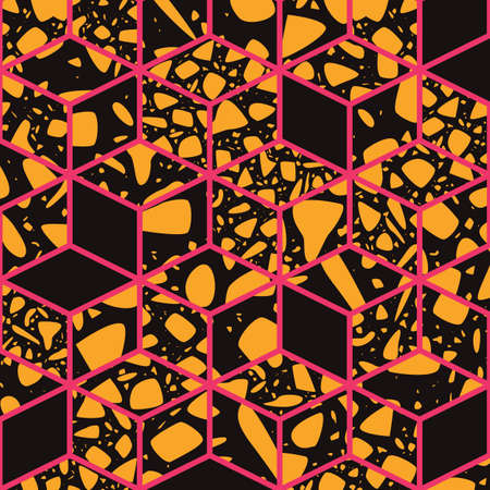 Terrazzo seamless pattern design with hand drawn rocks with honeycomb pattern. Abstract modern background, flat vector illustrationのイラスト素材