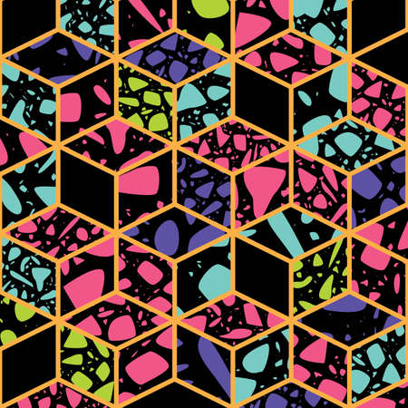Terrazzo seamless pattern design with hand drawn rocks with honeycomb pattern. Abstract modern background, flat vector illustrationのイラスト素材