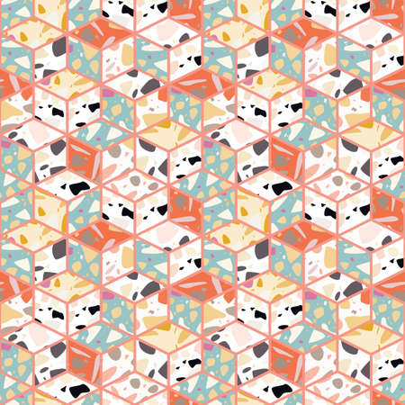 Terrazzo seamless pattern design with hand drawn rocks with honeycomb pattern. Abstract modern background, flat vector illustrationのイラスト素材