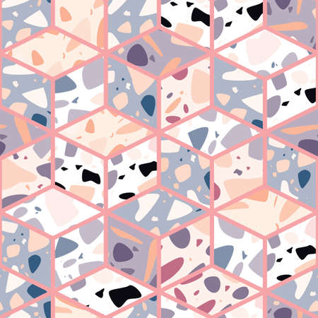 Terrazzo seamless pattern design with hand drawn rocks with honeycomb pattern. Abstract modern background, flat vector illustrationのイラスト素材