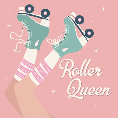 Hand drawn illustration with female legs and tube socks and retro roller skates. Colorful vector...