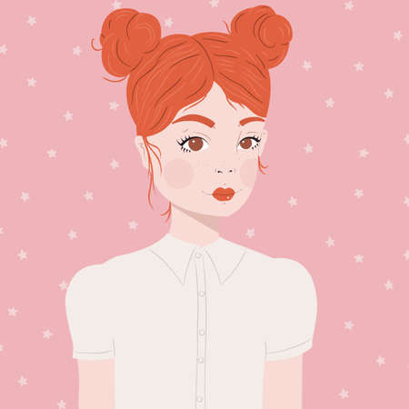 Portrait of a girl with red hair and double buns, in white blouse, on pinkのイラスト素材