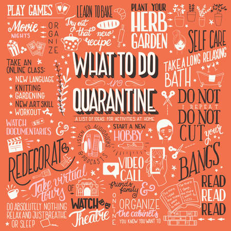 What to do in quarantine, typography hand lettering poster design, red and brown. List of activities at home, flat illustrationのイラスト素材