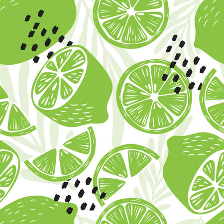 Fruit seamless pattern, lime with tropical leaves and abstract elements on white background. Summer...