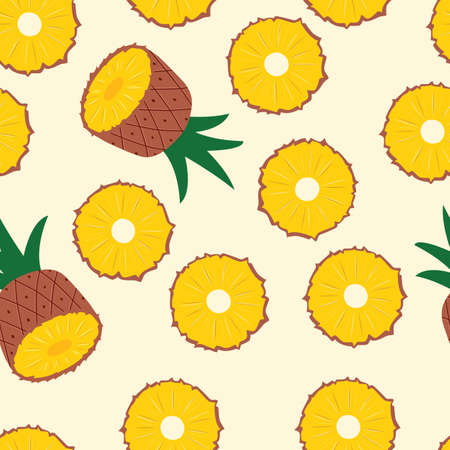 Fruit seamless pattern, pineapple halves and slices on light yellow background. Summer vibrant...