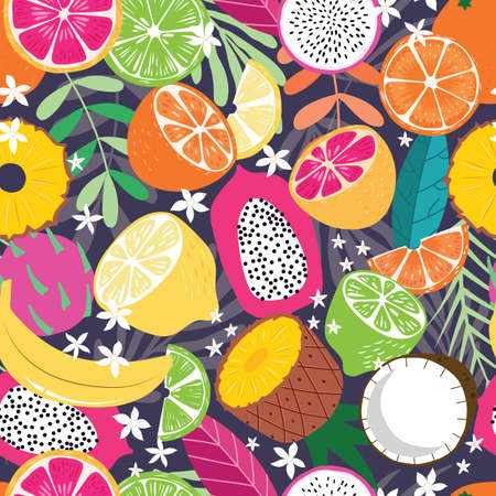 Fruit seamless pattern, collection of exotic tropical fruits with plants and flowers on dark purple...