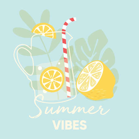 Fruit design with summer vibes typography slogan and fresh lemon fruit and lemonade on light blue background with palm leaves. Colorful flat vector illustrationのイラスト素材