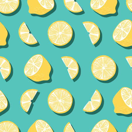 Fruit seamless pattern, lemons with shadow on bright green background. Summer vibrant design. Exotic tropical fruit. Colorful vector illustrationのイラスト素材