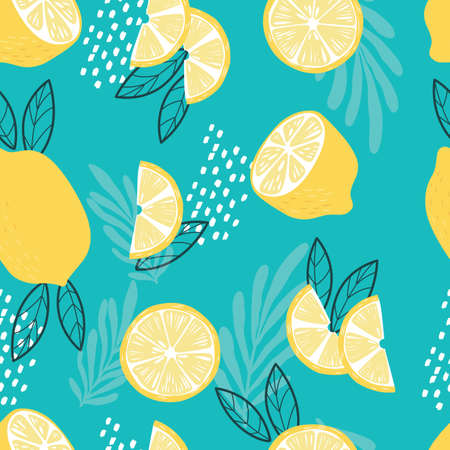 Fruit seamless pattern, lemons with tropical leaves and abstract elements on bright blue background. Summer vibrant design. Exotic tropical fruit. Colorful vector illustrationのイラスト素材